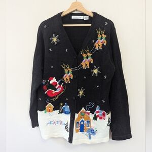 Vintage Ugly Christmas Santa Embroidered Beaded Knit Cardigan Sweater